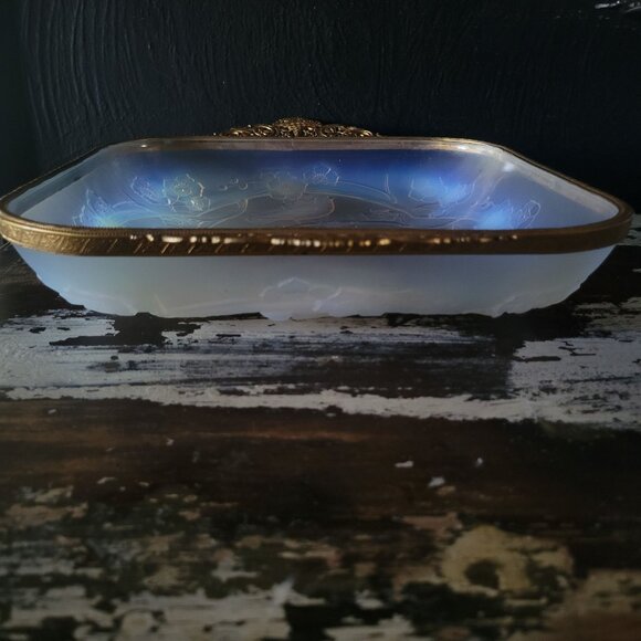 Antique French Julien Opalescent Glass Dish Birds & Floral Metal Rims & Handles - Picture 3 of 13